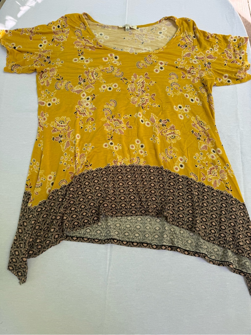 Rose & Olive Floral Scoop-Neck Tunic in Mustard Yellow with Brown Border